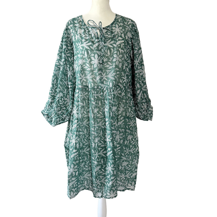 Meadow Front Loop Block-Print Cotton Dress