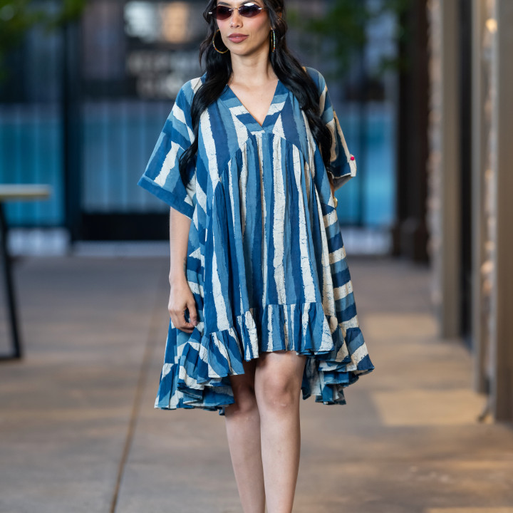 Block-Print Midi Dress with Ruffles